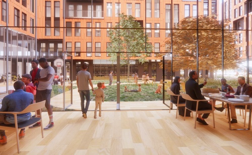 Perspective of community kitchen at the ground level with shared courtyard and units beyond. 