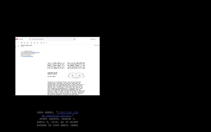 IT presentation slide: screenshot of Sara Ahmed's "Citations Can Be Feminist Bricks" email on left-hand side of slide,  from Avery Shorts, Season 01 (April 9, 2018)