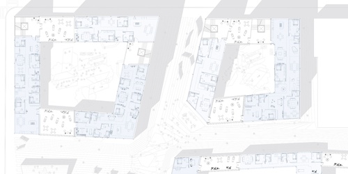 Ground floor plan of community center and common courtyards.