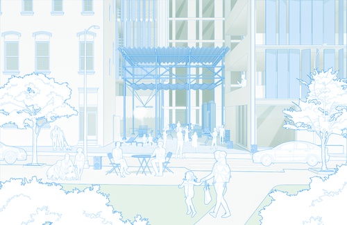 An entrance to a housing complex rendering in light blue and light green. An indentation in the building is occupied by a two-story scaffold and lots of pedestrians occupy the surroundings. 