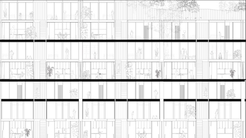 Section of showing interior of units and shared spaces.