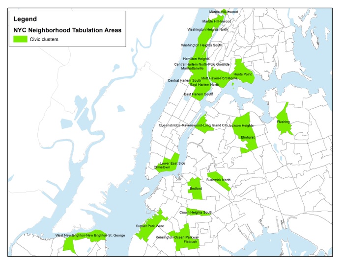 FIG. 3: Cultural cluster neighborhoods, New York City, 2014–2016. Map courtesy of Social Impact of the Arts Project.