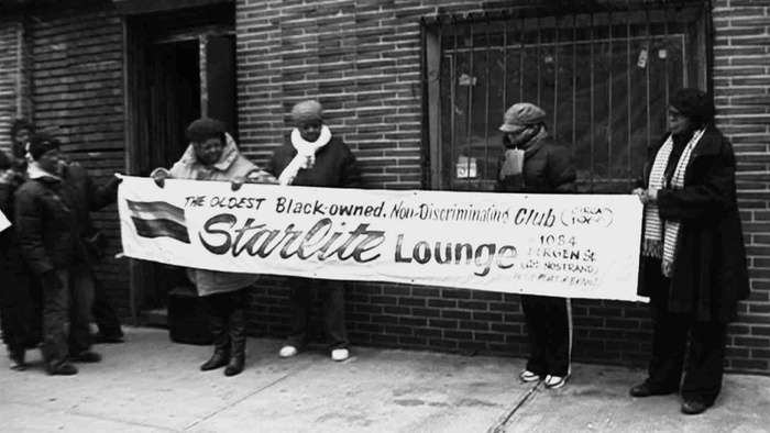 FIG. 9: Patrons of Brooklyn’s Starlite Lounge, “The Oldest Black-Owned, Non-Discrimination Club,” protesting its closing, ca. 2010, film still from We Came to Sweat, directed by Kate Kunath, 2014.