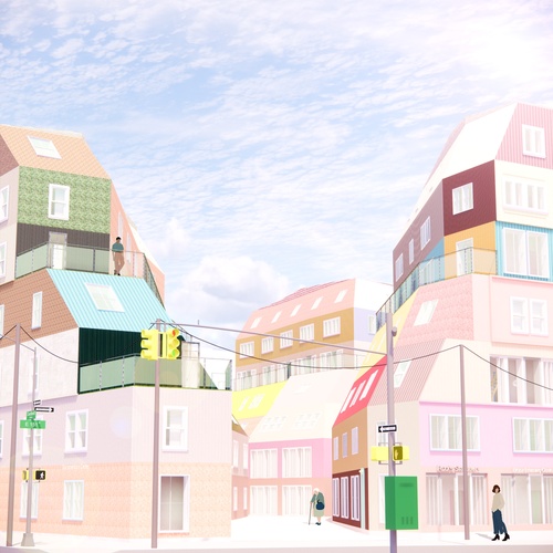 Exterior perspective showing the multiple materials of the facades.