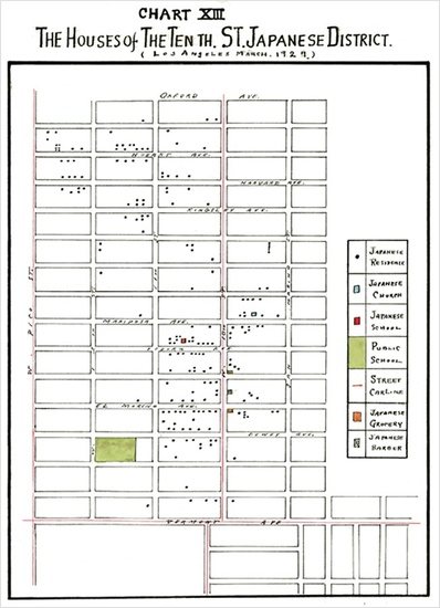 FIG. 4: Map of Uptown, a Japanese American enclave, 1927. From Koyoshi Uono, “The Factors Affecting the Geographical Aggregation and Dispersion of the Japanese Residents in the City of Los Angeles” (master’s thesis, University of Southern California, 1927), 130.