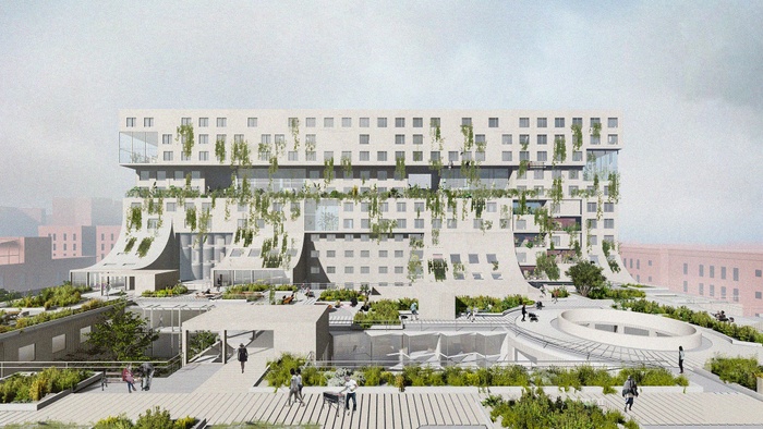 An rendering of a large white building that curves into the ground plane. Vegetation is dispersed across the exterior. 