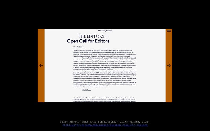 IT presentation slide: First Annual "Open Call for Editors," Avery Review, 2021