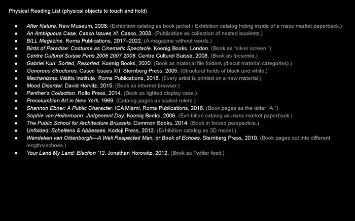 PC presentation slide: a "Physical Reading List" of physical objects to touch and hold. For the list, please see the references section of this publication