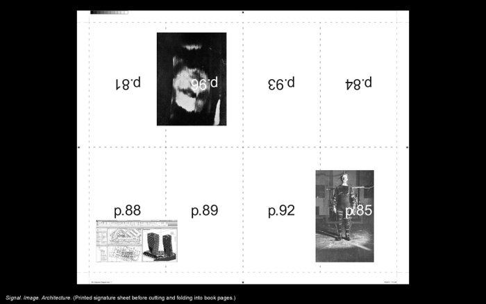 LC presentation slide: printed signature sheet before cutting and folding into book pages from Signal. Image. Architecture.