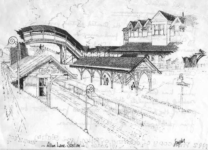 FIG. 3: Drawing of Allen Lane Station, by Charles Snyder, as published in the Philadelphia Inquirer and sold as prints in 1974 to raise funds for station preservation. Individual donations of $18 to $25 for the Allen Lane Station Restoration Project ultimately added up to $4,000 (1974 dollars or $20,880 in 2019 dollars)—double the Station Committee’s fund-raising goal. Image courtesy of the Chestnut Hill Conservancy. Catalog No. 2007.2.408.7.