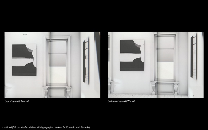 LC presentation slide: two different two-page spreads from Unfolded publication (3D model of exhibition with typographic markers for Room #s and Work #s). On the left: (top of spread) Room #. On the right: (bottom of spread) Work #