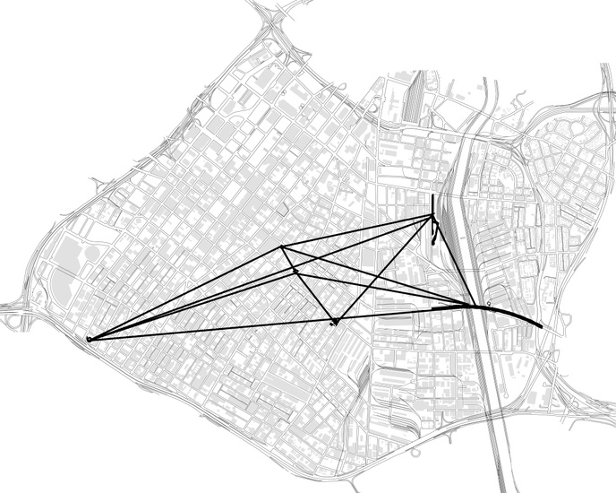 Map locating the work of Michael Maltzan Architecture in downtown Los Angeles, a constellation of projects.