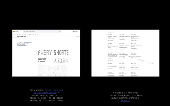 IT presentation slide: screenshot from previous slide on left. On right: a sample of archived content/conversations from Avery Shorts, Season 03
