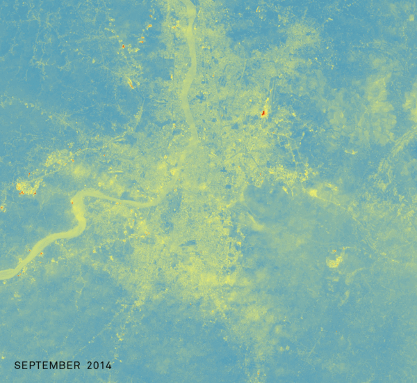 Using the Landsat 8 Coastal Aerosol Band, this change map shows the concentration of aerosols in the atmosphere during and post monsoon season (Evelina Shih Knodel)