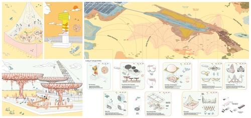 Drawing titled "Ecological Infrastructure for Ospreys" showing a combination of maps and perspectival views of terrain and structures.