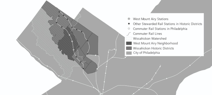 FIG. 2: Stations under the protection of West Mount Airy Neighbors between 1964 and 1984 were surrounded, throughout that period, by stations stewarded by station tenants and neighboring property owners in other communities within the Wissahickon watershed: Chestnut Hill, Germantown, and East Mount Airy. Map courtesy of the author.