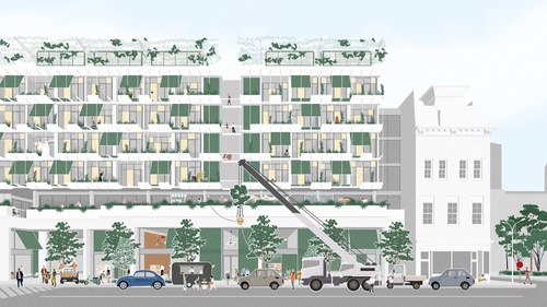 An elevation of a housing complex with vegetation and green panels across the facade. A crane, autos, and pedestrians occupy a street in front of the building.