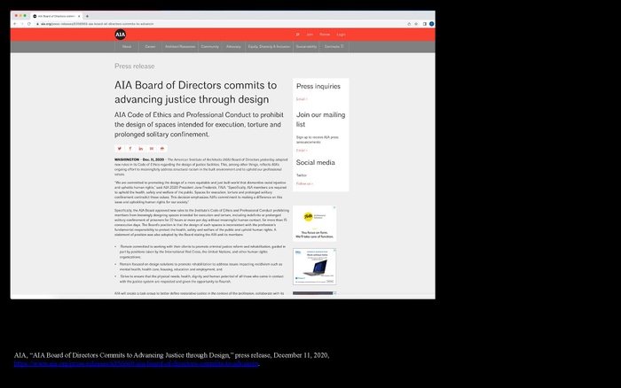 IKL presentation slide: screenshot of AIA website, “AIA Board of Directors Commits to Advancing Justice through Design” press release from December 11, 2020,