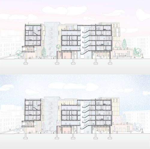 Section perspectives showing units surrounding exterior courtyard.