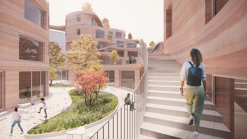 Perspective of interior courtyard and surrounding terraced rammed earth housing.
