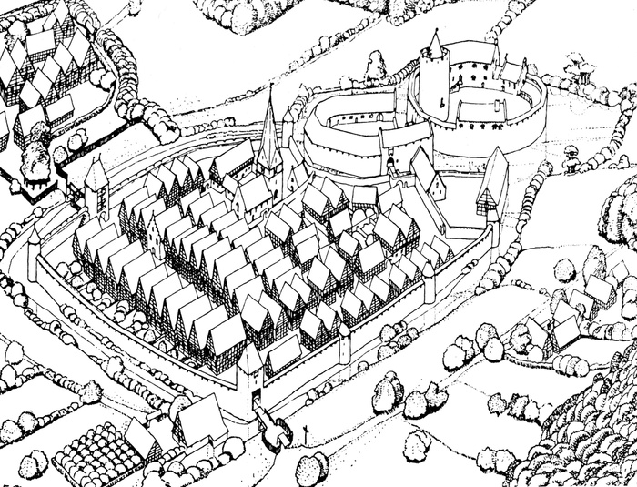 Reconstruction of a typical medieval town from Karl Gruber’s *Die Gestalt der Deutsche Stadt*, 1937. The image shows the difference between the heavyweight monumental architecture and the lightweight residential fabric.