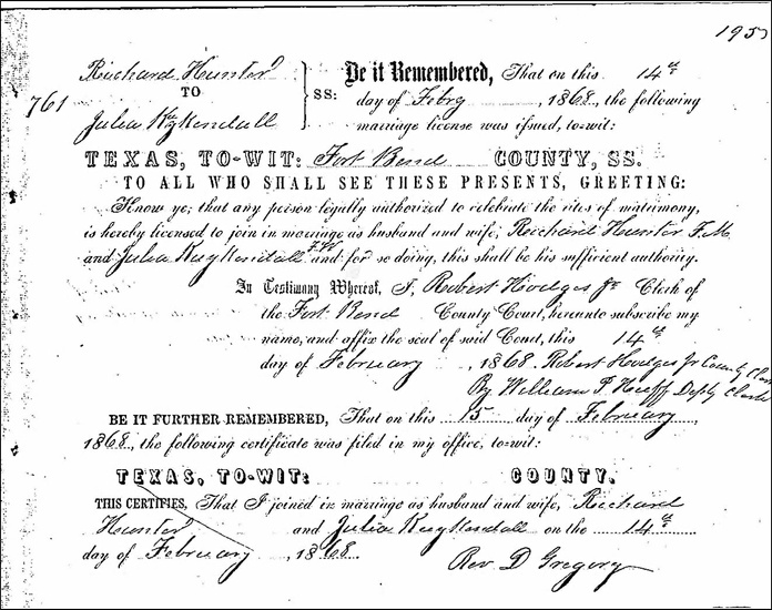 FIG. 6: Julia Kuykendall and Richard Hunter’s marriage certificate in Fort Bend County, Texas, February 14, 1868. My ancestor Julia was born in Sumter, Tennessee, in 1821. She was eventually sold to Joseph Kuykendall (one of the Old Three Hundred) in Fort Bend County. I referenced Julia’s story when I asked workshop participants to make a connection between individual stories and popular public narratives. The exercise revealed the dominance of Anglo settler narratives in Texas public history and showed how collaborative counternarrative work is essential to diversifying both public history and local preservation leadership