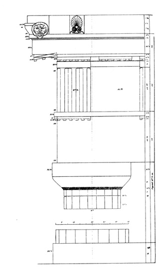 The Doric Order from Minard Lafever's *The Modern Builder’s Guide*, 1883. According  to Karl Bötticher’s theory the *Kunstform* is the fluting and the *Kernform* is the body of the column.
