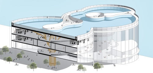 Axonometric section view of curved building showing interior functions. 