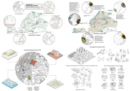 Four maps showing areas of interest for bee keeping in New York City identified through labels and icons.