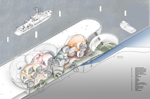 Axonometric section view of bubble like structure at sea surrounded by ships. 