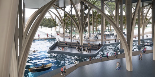 Atrium render with water view and structure members