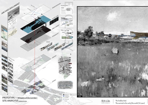 Axonometric aerial map with labels and photographs identifying zoning and programs alongside rendered painted perspective of Shinnecock Canal.