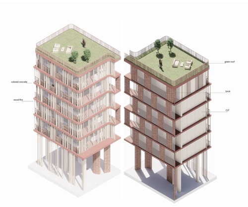Detail model of colored concrete and wood fin facade.