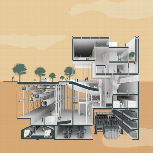 Perspective section of infrastructure with an orange background. 