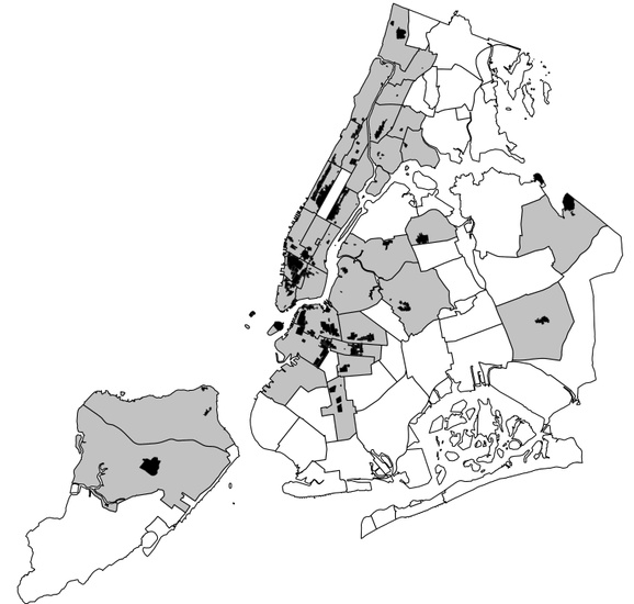 FIG. 1: Historic districts in New York City. Historic districts are shown in black, and their community districts in gray. Community districts in white have no tracts within historic districts.