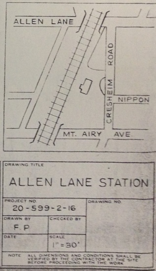 FIG. 6: Improvements planned in 1974 for Allen Lane Station—car and bicycle parking—as drawn by City of Philadelphia engineers, based on site designs by Uekland and Junker Architects and Planners and traffic plans by Wilbur Smith and Associates. Image courtesy of the Philadelphia City Archives.