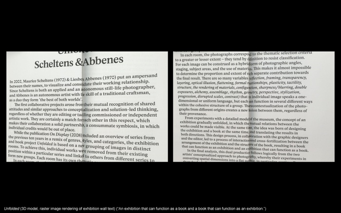 LC presentation slide: two views seen side by side: Unfolded (3D model, raster image rendering of exhibition wall text) (“An exhibition that can function as a book and a book that can function as an exhibition.”)
