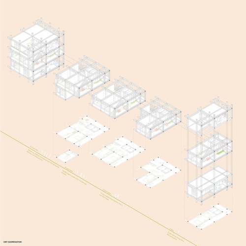 Axonometric of possible unit aggregations over time.