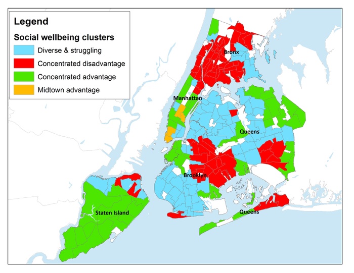 FIG. 1: Social well-being clusters, New York City. Map courtesy of Social Impact of the Arts Project.