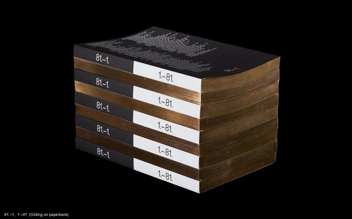 LC presentation slide: exterior image of stacked thesis project books. Slide caption reads: 81.–1., 1.–81. (Gilding on paperback)