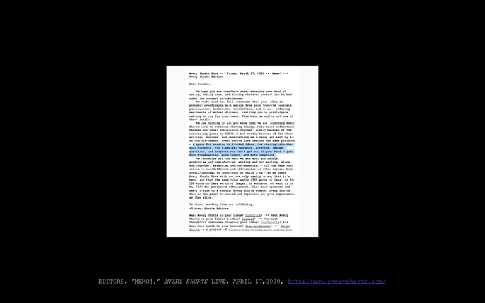 IT presentation slide: screenshot with text highlighted, from "Memo!" by the editors in Avery Shorts Live (April 17, 2020)