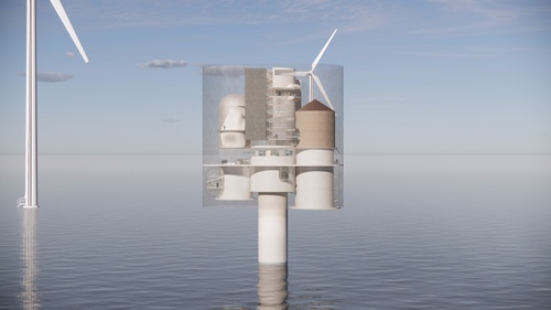 Photorealistic render image showing a structure as part of a windmill farm at sea.