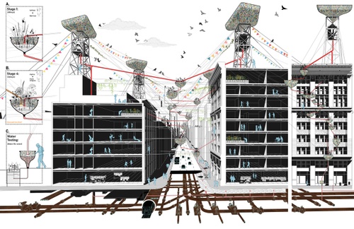 Sectional perspective showing building interior, subterranean infrastructure and rooftop soil banks.