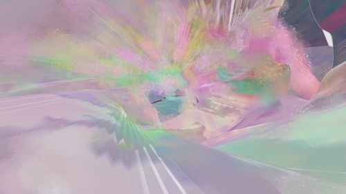View of colorful vortex with body of water in background. 