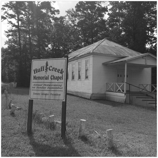 FIG. 4: Huff Creek Community, July 14, 2015. This photo was taken on a walking tour of Jasper County freedom colonies. The former Rosenwald School (now a chapel) is across from a community cemetery on Huff Creek Road, where James Byrd Jr. was murdered in 1998. Huff Creek Community once had an ample Black population, according to freedom colony descendants. Anglos and Latinos now sparsely populate it. Photograph by the author.