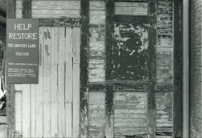 FIG. 5: With its windows boarded up and shingles weathered, Gravers Lane Station (built in 1883) stood vacant before the Chestnut Hill Historical Society undertook a major restoration project in the 1980s. Image courtesy of Chestnut Hill Conservancy, Philadelphia, PA. Catalog No. 1996.604.11, Nancy Hubby Collection.