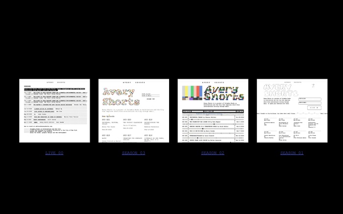 IT presentation slide: four screenshots of the different Avery Shorts seasons. From left to right: Live 00, Season 03, Season 02, and Season 01