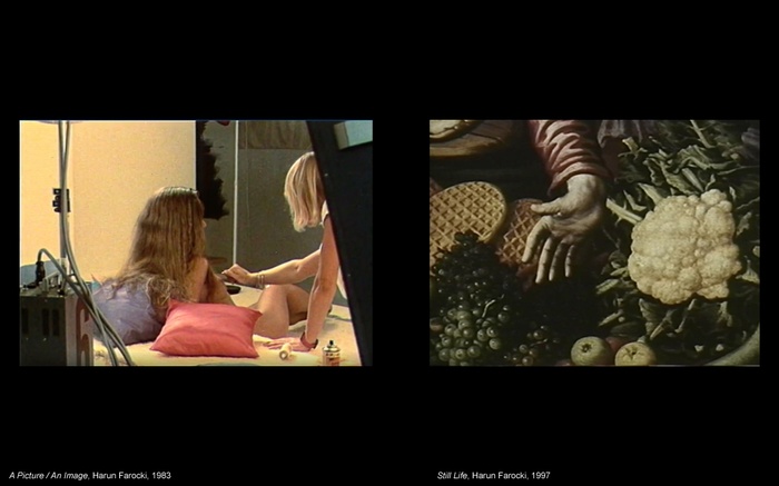 LC presentation slide: two film stills by Harun Farocki; the first is from A Picture / An Image (1983) an the second is from Still Life (1997)
