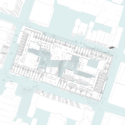 Upper level plan of housing with units and shared spaces surrounding a common courtyard.