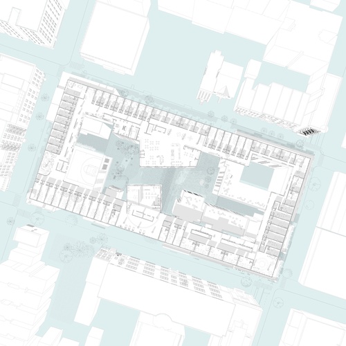 Upper level plan of housing with units and shared spaces surrounding a common courtyard.